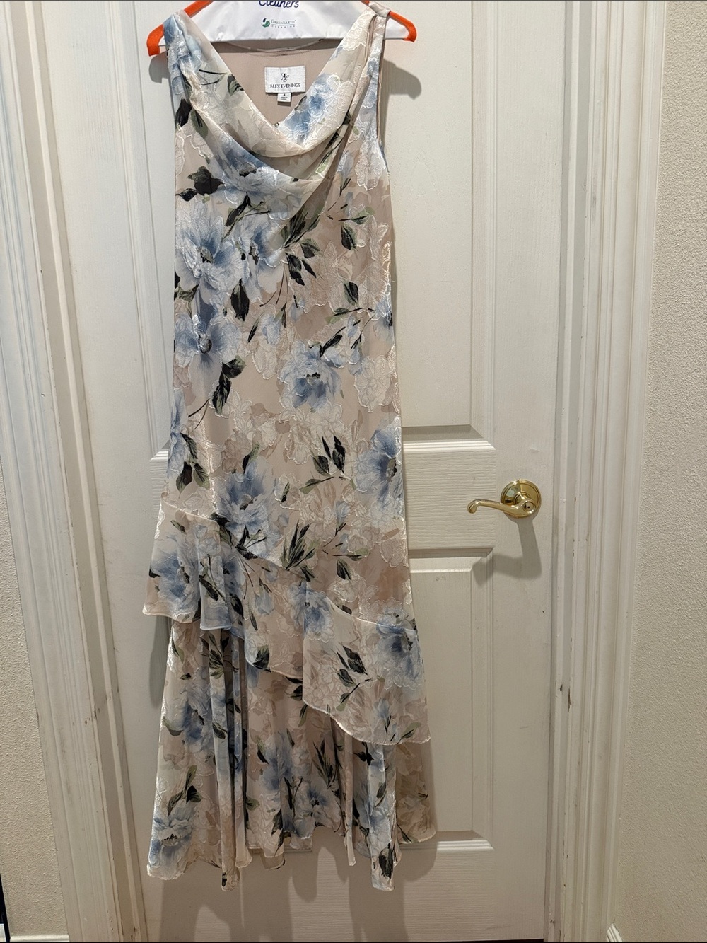 Alex Evenings Cream full length formal dress with Blue Floral Print